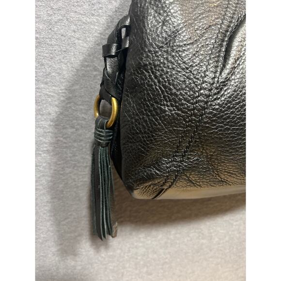 The Sak Boho Pebbled Black Leather Tasseled Gold Chain Strap Shoulder Bag - Picture 6 of 12